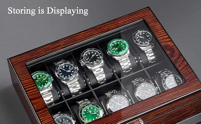 BEWISHOME Watch Box, 10-Slot Wooden Watch Case, Mens Watch Box for Men Watch Storage Organizer, Watch Holder Watch Display Case for Anniversary Birthday Brown SSH10Y