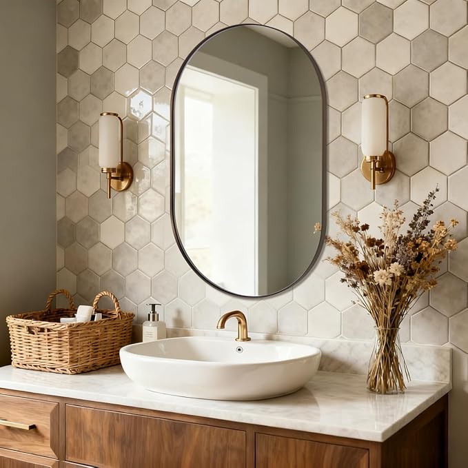 ANDY STAR 24x32'' Oval Bathroom Mirror, Bronze Oval Mirror Pill-Shaped Design in Stainless Steel Metal Frame for Bathroom, Entryway, Living Room, Contemporary 1" Deep Wall Mount Vertical or Horizontal