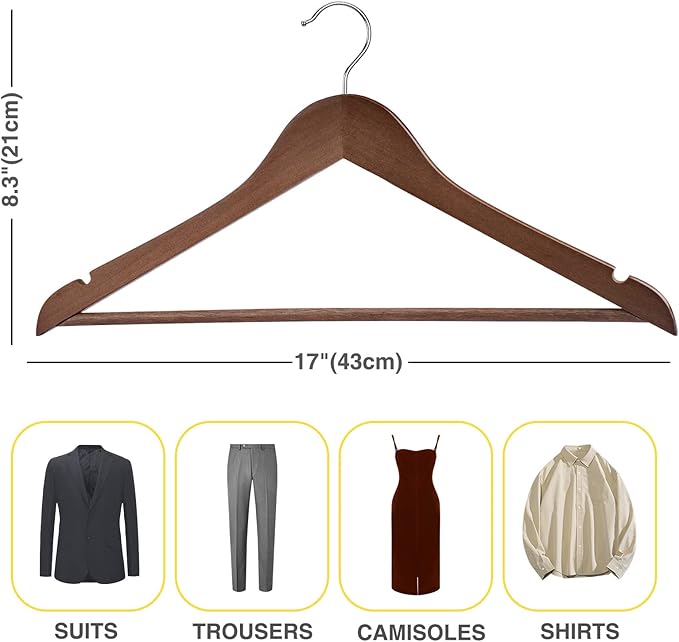 Wooden Hangers 10 Pack,Heavy Duty Wood Coat Hangers,with 360-degree Hook,Smooth Finish Wooden Clothes Hangers with Non Slip Pants Bar, Sturdy Clothes Hangers for Shirts,Suit(Walnut)