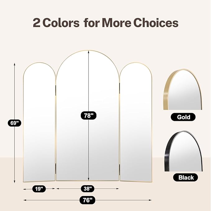 3-Way Full Length Trifold Mirror, 78"x76" Oversized Large Standing Mirror with Aluminum Alloy Thin Frame, for Wedding Dress/Clothing Shop/Closet, Gold