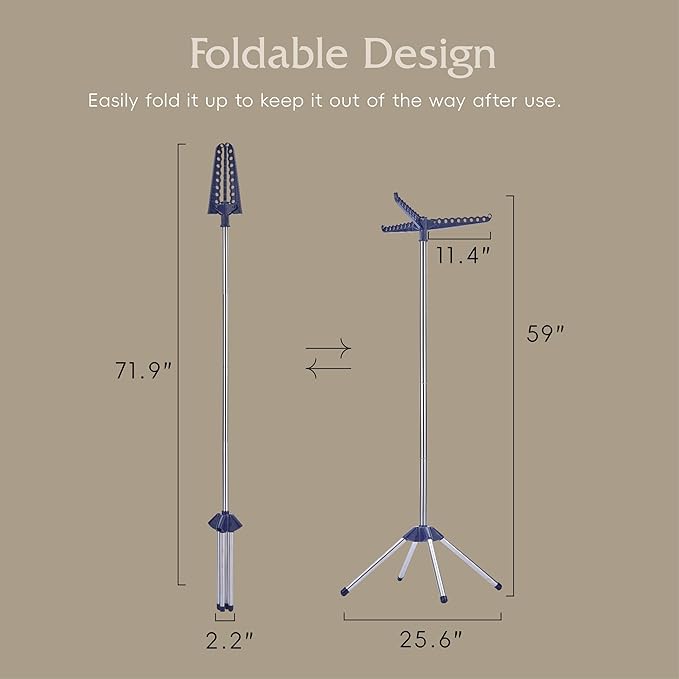 Beaudaily Clothes Drying Rack, Foldable Laundry Drying Rack, Indoor 59-Inch Drying Rack Clothing with 3 Rotatable Arms, Stainless Steel, Holds 27 Pieces, Space Saving, Portable, Blue and Silver