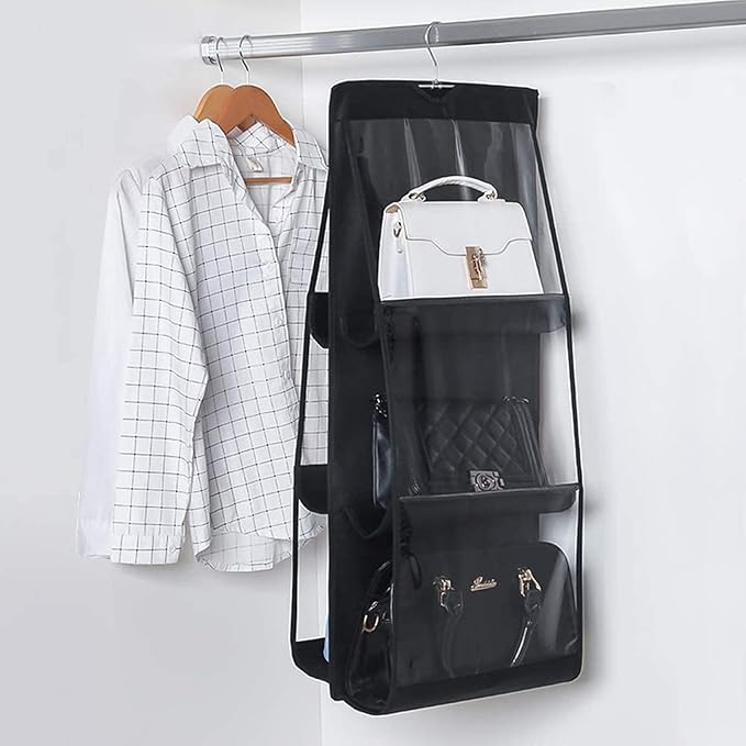 HAN SHENG 6 Pockets Clear Handbag & Purse Organizer Hanging Bag Storage - Space Saving Hanging Shelf for Closet, Wardrobe, Over Door (1 Pack, Black)
