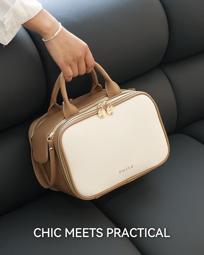 Prite Travel Makeup Bag Women’s Large Capacity Waterproof Cosmetic Organizer Portable Open Flat Toiletry Case with Free-standing Brush Holder and Handle(Beige Brown Medium)