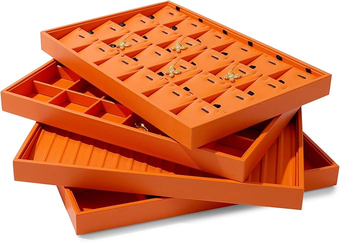 Orange Leather Necklace Tray Jewelry Display Tray 24 Grids Necklace Display Trays Necklace Storage for Drawers With Removable Jewellery Cards Necklace Pendant Tray