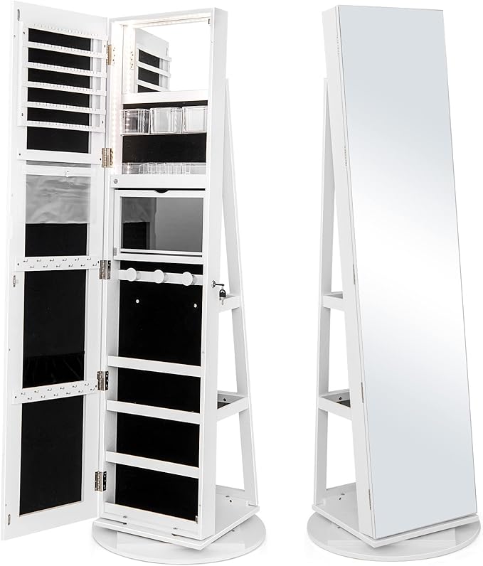 CHARMAID 360° Swivel Jewelry Armoire with Full Length Mirror, Rear Storage Shelves, Lockable Standing Jewelry Cabinet Organizer with Interior Vanity Mirror and 3-Color Lights (White)