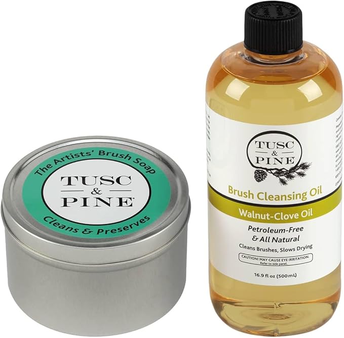 Tusc & Pine Brush Care Duo – 12 oz Artists’ Soap & 16.9 Fl Oz Walnut-Clove Oil Set for Acrylic, Watercolor & Oil Brushes - Solvent-Free Cleaner & Conditioner - Natural Bristle Care - Made in the USA
