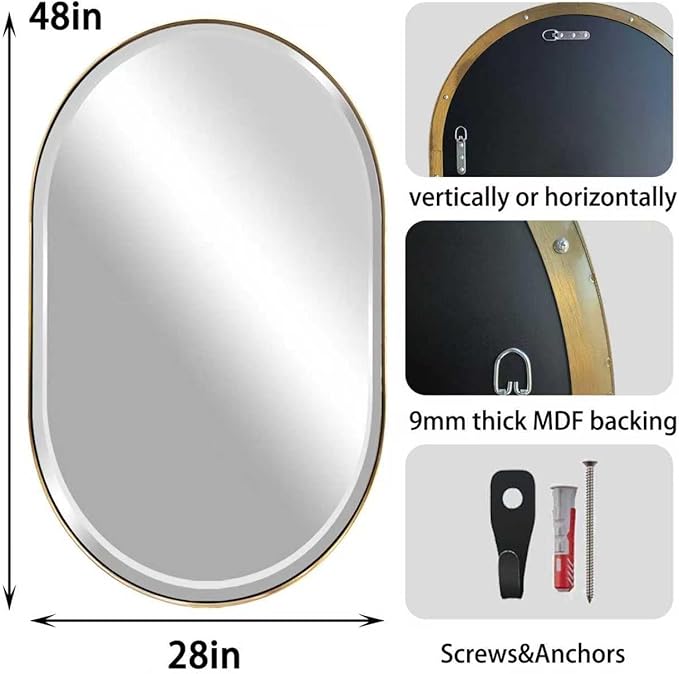 POZINO Gold Oval Mirror, Brass Beveled Mirror with Stainless Steel Frame, 28"x48" Large Rounded Rectangle Mirrors for Over Sink, Modern Oblong Vanity Wall Mirrors for Bathroom Bedroom Living Room
