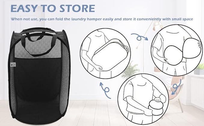 AQQA 2 Pcs Mesh Popup Laundry Hamper (Black/White),Popup Laundry Basket with Durable Handles,Foldable Pop-up Mesh Hamper Dirty Clothes Basket for Kids Room, College Dorm or Travel