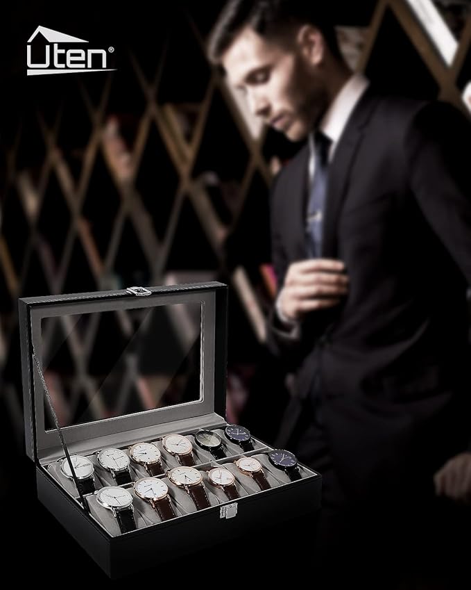 Uten Watch Box, 12 Slots Leather Watch Case, Watch Box Organizer Jewelry Storage with Large Glass Lid, Watch Display Case, Watch Box for Men & Women