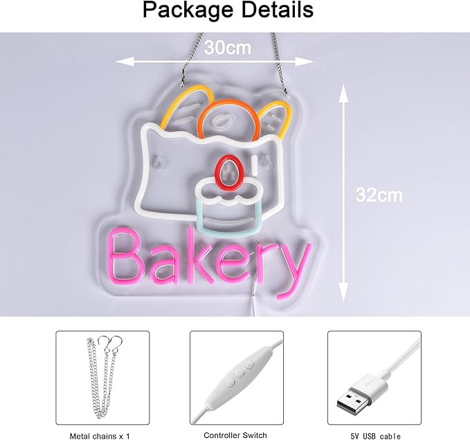 Bakery Neon Sign for Wall Decor LED Light up Sign Kitchen Baking Dessert Shop Restaurant Business Signage Cake Food Shop Cafe Birthday Party 12.6" x 11.8" Led Art Hanging Decorative Gifts