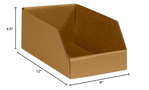 BOX USA BBINMT612K Open Top Bin Boxes, 6" x 12" x 4 1/2", Kraft (Pack of 50)