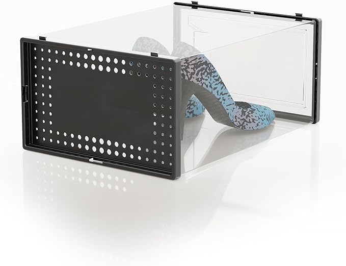 12 Pack X Large Shoe Storage Organizer for Closet, Modular Space Saving Shoe Boxes Clear Plastic Stackable Containers Display Case Bins with Lids, Black