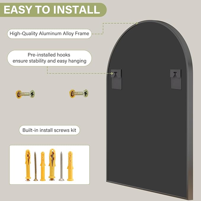 26"x38" Arched Wall Mirror for Bathroom, Black Vanity Mirror for Bedroom, Living Room, Entryway, Decorative Hanging Mirror for Wall