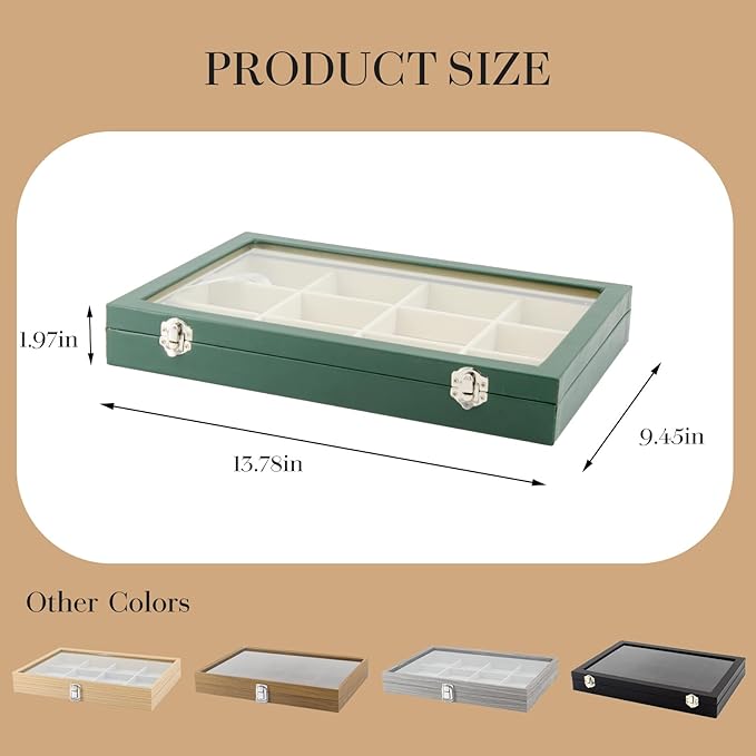 KOOAAICCHI Jewelry Tray Organizer with Clear Lid - 12 Grid Storage Display Case with Lock Earring Ring Organizer Showcase Gifts for Women-Green