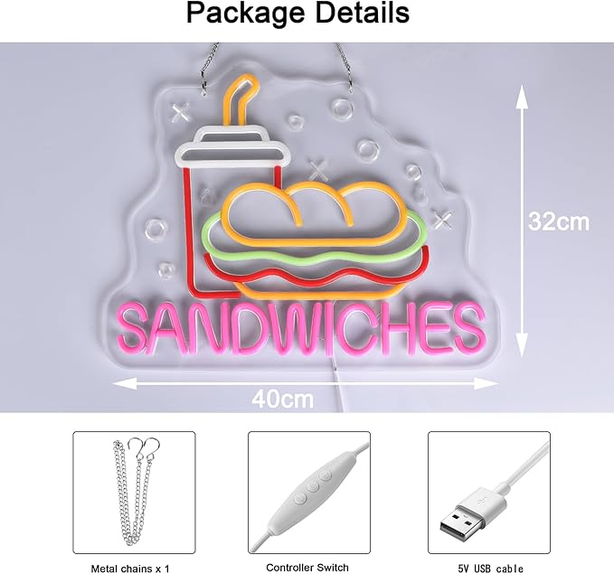 Sandwiches Neon Sign for Wall Decor LED Light up Sign Business Signage for Home Kitchen Restaurant Fast Food Store Man Cave Party 15.7" x 12.6" Led Art Wall Hanging Decorative Gifts