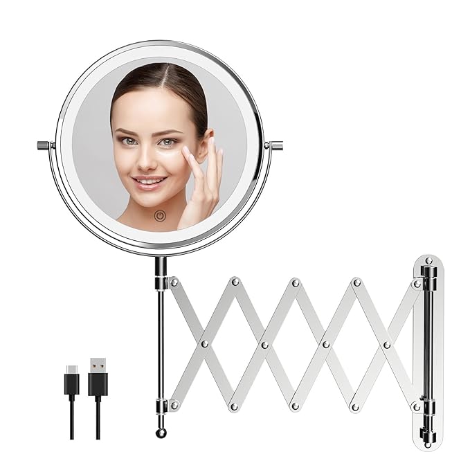 Rechargeable Wall Mounted Makeup Mirror - 8 Inch Double Sided 1X/20X Magnifying Mirror with 3 Color Lights Dimmable Touch Screen, 360ยฐSwivel 19.6 Inch Extendable Accordion Bathroom Mirror