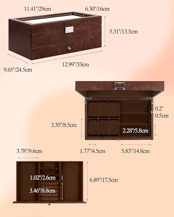 GUKA Watch box, 6 Slot Watch Case, 3 Slot Sunglass Organizer, Watch Cases for men with Real Glass Lid, Watch Organizer storage with Jewelry Case, Birthday for Men and Women,