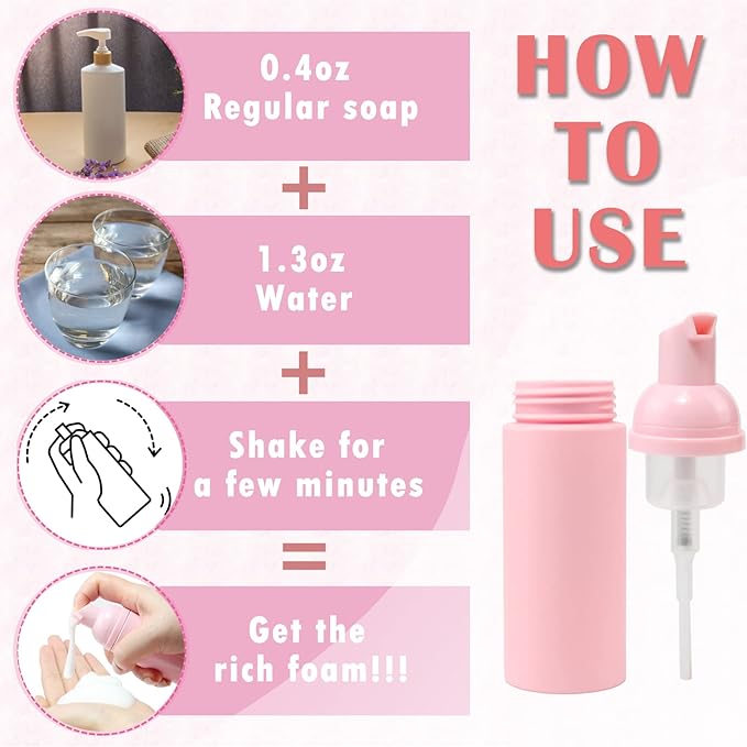 60PCS Lash Shampoo Bottles and Brushes Set, 10pcs Foam Pump Dispenser, Lash Cleaning Brush, Eyelash Extension Tube Brush, Instructions Cards, Bags, Lash Shampoo Stickers for Business Clients (B-pink)