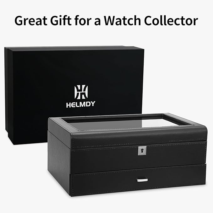 Leather Watch Box with Drawer-10 Slots Locking Jewelry Watches Holder for Men-Luxury Watch Case Display Organizer-2 Tier Organizer Watch Showcase-Storage Case