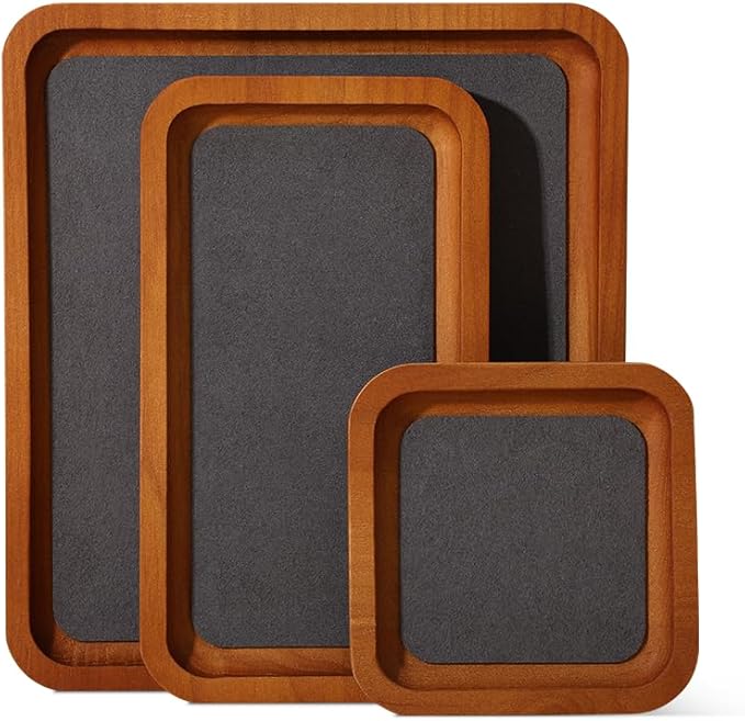 Wooden Jewelry Display Tray Rounded Rectangle Ring Showcase Stackable Elegant Bracelet Watch Jewelry Organizer for Personal Use and Commerce (Gray, Large-W 7'' x H 0.6'' x L 7.9'')