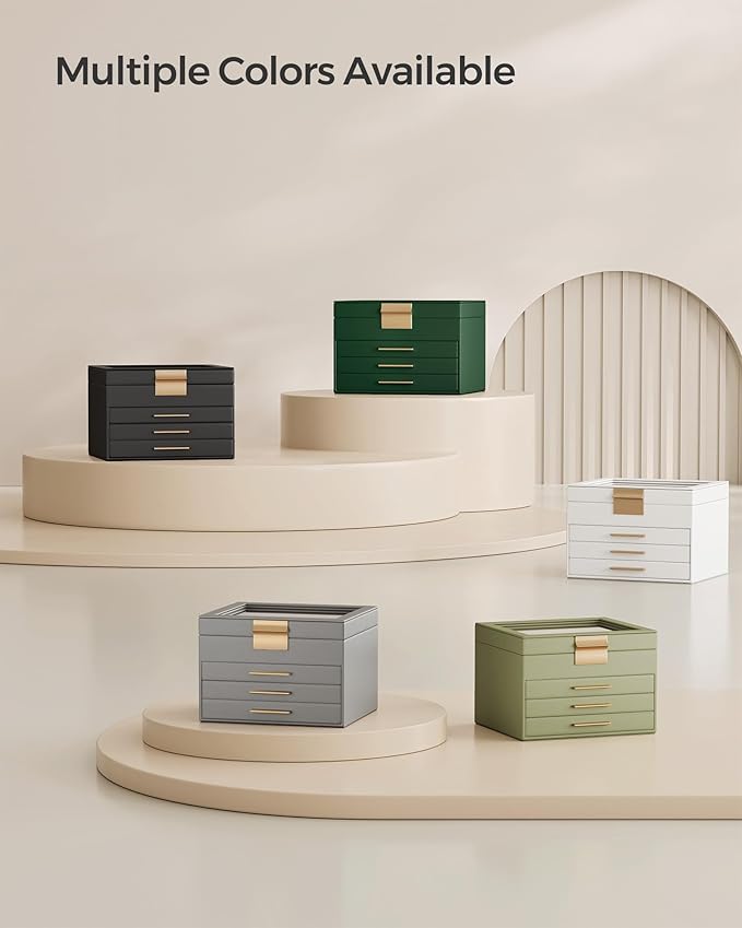 SONGMICS Jewelry Box Organizer with Glass Lid, 4-Layer Jewelry Storage, with 3 Drawers, Modern Style, 8 x 9.1 x 6.5 Inches, Laurel Green and Gold Color UJBC173C02