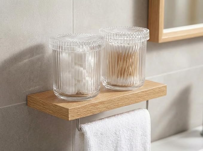 SheeChung 4-Pack Ribbed Glass Apothecary Jars - Clear Qtip Holder Dispenser Set - Bathroom Accessories Organizer for Cotton Swabs, Balls, Pads - Modern Farmhouse Decor