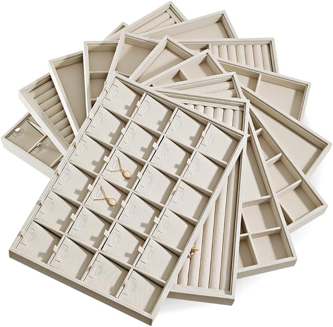 Linen 24 Grid Stackable Rings Earrings Display Tray, Brooch Ear Stud Cufflinks StorageTray, Jeweler Shop Counter Showcase Table Top Organizers, Makeup Table Drawer Insert Jewelry Tray