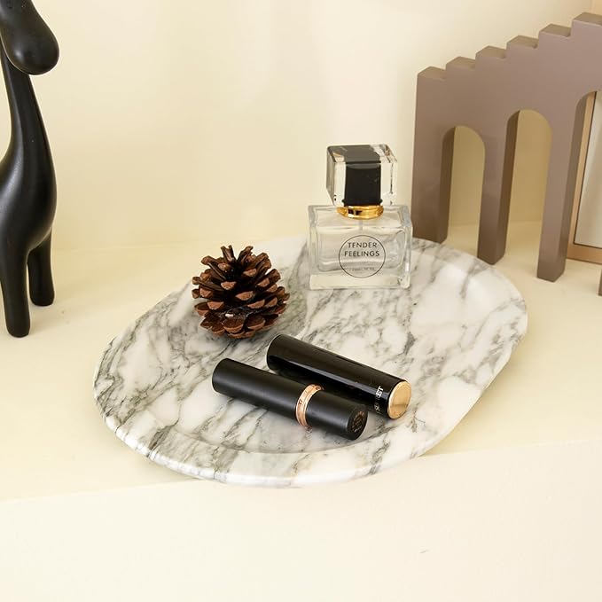 Natural Marble Decorative Tray Bathroom Counter Perfume Organizer Vanity Tray for Home Decor, Jewelry Candle, Coffee Table, Soap Holder Dresser Countertop Accessories 8"x11" Carrara