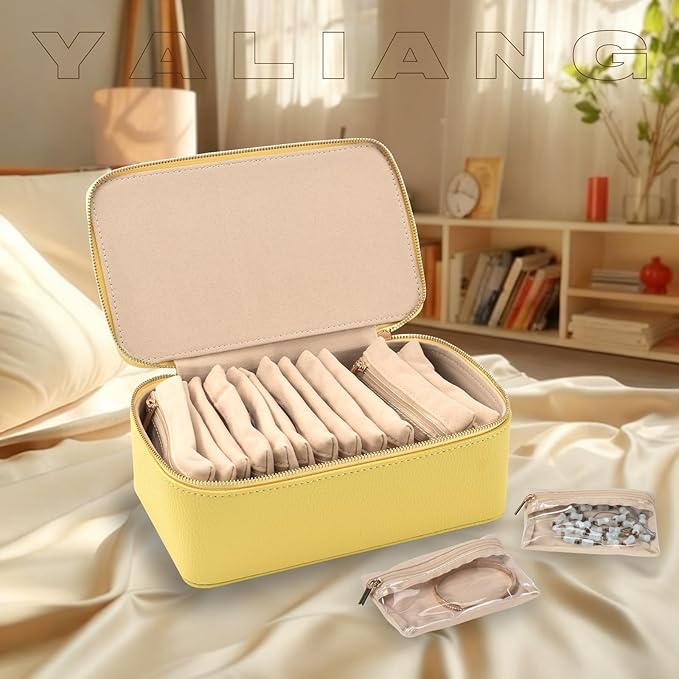 Travel Jewelry Box,Jewelry Travel Organizer for Women, Travel Jewelry Case with 12pcs Velvet Jewelry Pouches for Necklaces Rings Earrings Sorting Storage(yellow