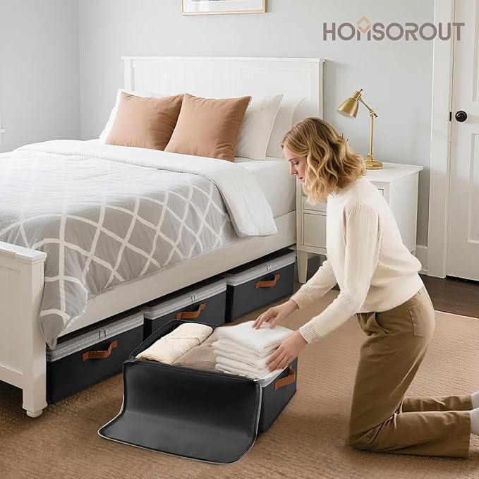 Homosorout Large Closet Storage Bins - Compression Organizer Bins, Stackable Closet Organizer, Expandable Under Bed Storage Containers for Clothes, Towels, Sheet, 4 Pack, Black