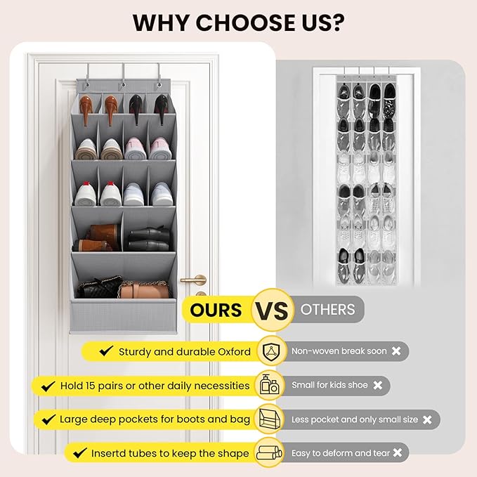 Over the Door Shoe Rack with Large Deep Pockets, Door Shoes Organizer for Closet, Hanging Boots Shoe Rack, Behind the Door Narrow Shoe Holder, Multiple Pockets for Flexible Storage, Grey 