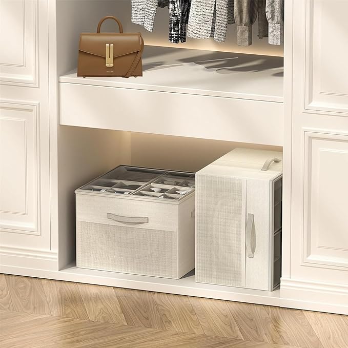 Leosoria Shoe Organizer for Closet, Foldable Shoe Storage Organizer Box Bin with Adjustable Dividers and Clear Cover, Fits up to 16 Pairs (Beige)