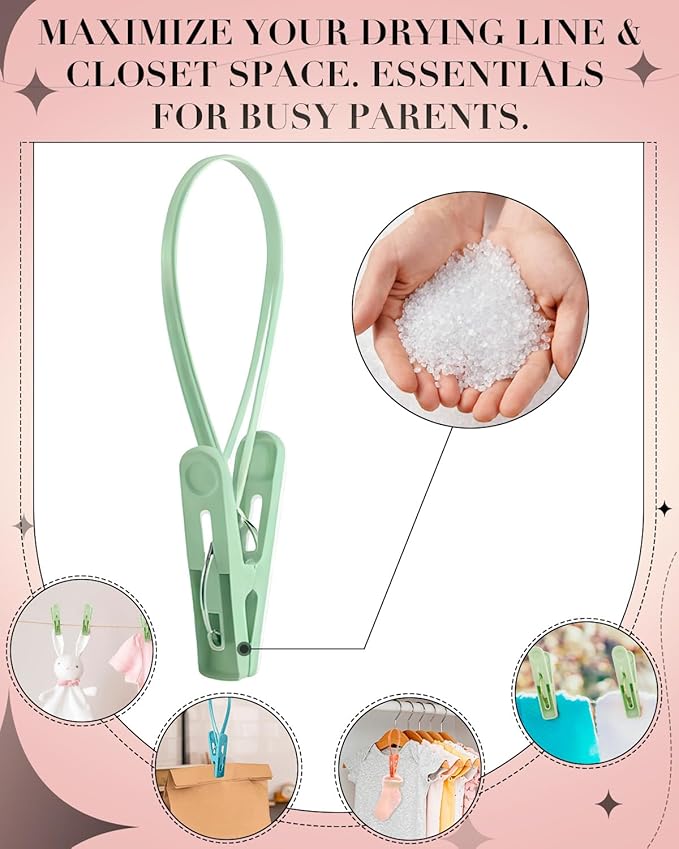 100 Pack Multi Purpose Laundry Hanging Clips with Rope, Strong Grip Hanging Clips for Baby Hangers, Pants, Socks, Towels & Closet Organization, Multi-Purpose Laundry Drying Hooks (Classic Colors)