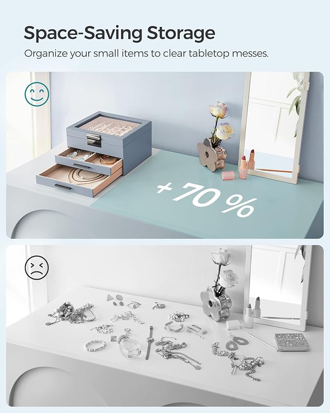 SONGMICS Jewelry Box Organizer with Glass Lid, 3-Layer Jewelry Storage, with 2 Drawers, Modern Style, 8 x 9.1 x 5.3 Inches, Smoky Blue and Silver UJBC239BU