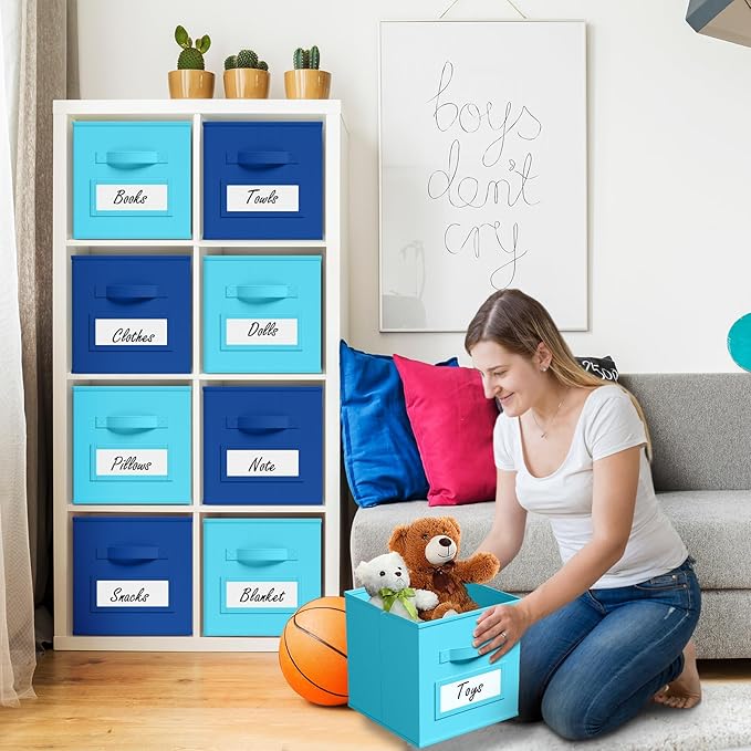10 Pcs Fabric Storage Cubes with Labels 11 Inch Collapsible Cube Organizer Baskets with Window Cards for Shelf Nursery Clothes Book Toys Storage Bin(Lake Blue, Navy Blue)