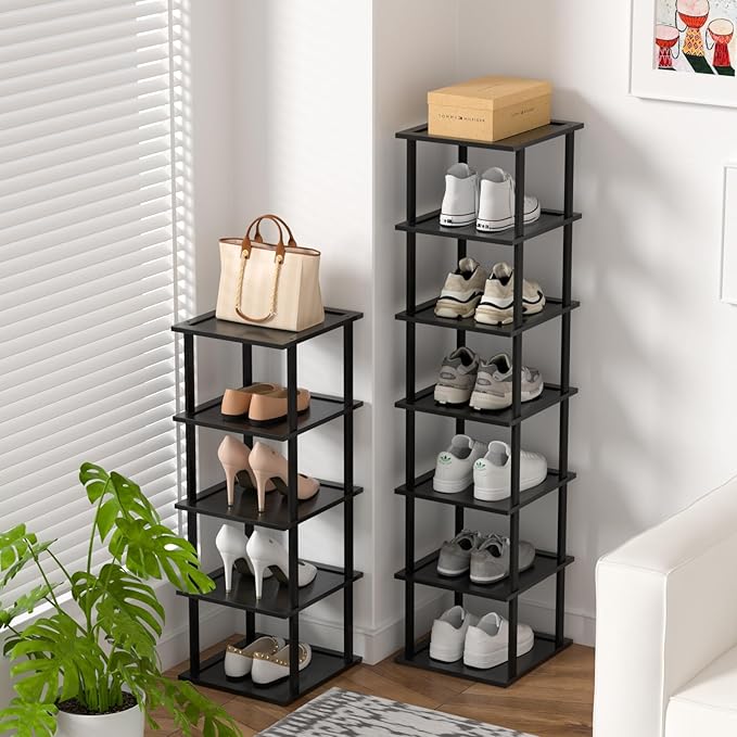 Bamboo Free Standing Shoe Rack Shelf Multi Tier Tall Wooden Stackable Shoes Rack Organizer for Closet Front Door Entrance Narrow Vertical Shoe Storage (Black, 12 Tiers)