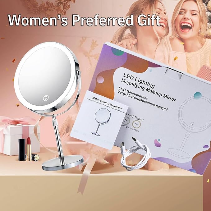 Rechargeable LED Makeup Mirror with Lights, 10X Magnifying Mirror, Touch Control 3 Color Modes, 360° Rotation & Height Adjustable Make Up Mirror with Lights