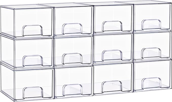 Sorbus Stackable Acrylic Storage Drawers, 12 Pack Clear Plastic Organizer Bins for Baby Bottles, Makeup, Bathroom, Vanity & Kitchen Countertop Organization, PullOut Drawer Design for Cabinets & Pantry