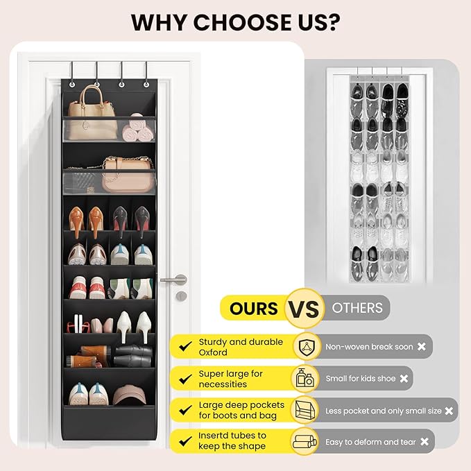 8 Tier Clear Over the Door Shoe Organizer with Deep Pockets, Door Shoes Rack with hard Cardboard and Tubes to Keep the Shape, Hanging Shoe Rack for Closet Organizers, Shoe Holder Black