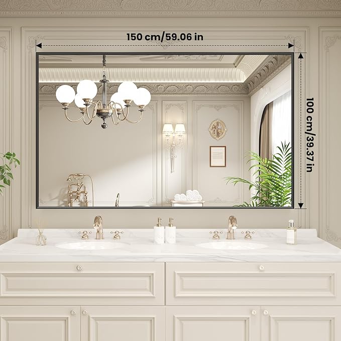 LOAAO Black Bathroom Mirror 60"X40" for Wall, Rectangle Bathroom Vanity Mirror, Tempered Glass, Hangs Vertically or Horizontally, Easy to Install, Modern Design