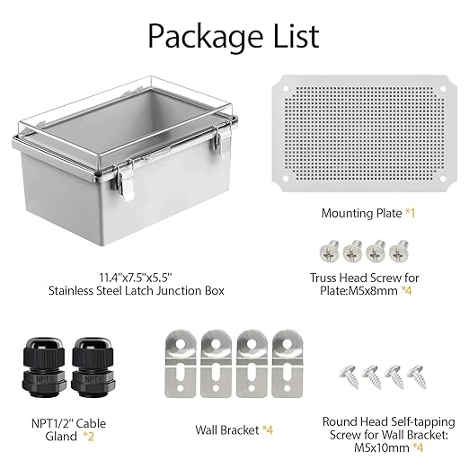 LeMotech Electrical Box, IP67 Waterproof Hinged Clear Cover Stainless Steel Latch Junction Box, ABS Plastic Electrical Enclosure with Mounting Plate,Wall Brackets, Cable Glands,11.4"x7.5"x5.5",Grey