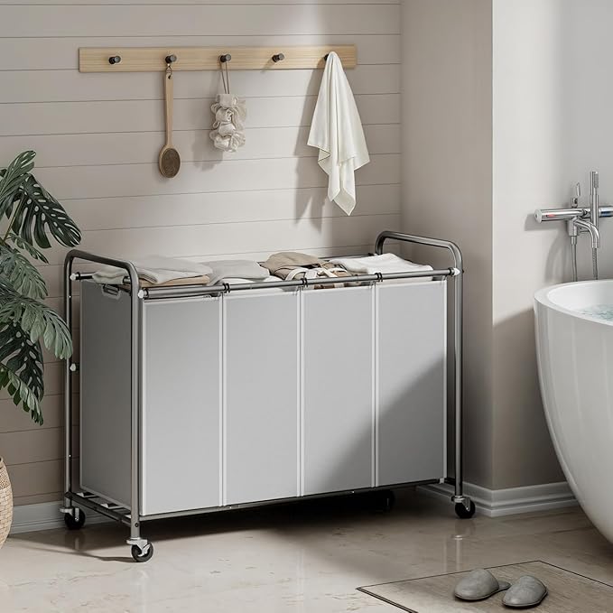 ROMOON Laundry Hamper Sorter Cart: 4-Section Organizer with Heavy-Duty Lockable Wheels and Removable Bags | 172L Rolling Laundry Basket for Dirty Clothes in Laundry Room or Small Spaces (Gray)