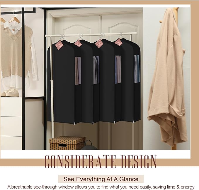Cotton Garment Bag for Hanging Clothes and Storage with Cedar Blocks for Fresh Smell and Moth Protection Sandpaper for Suit Fur Coat Jacket Sweater(40 x 24 x 6 Inch,Black,1 Set)