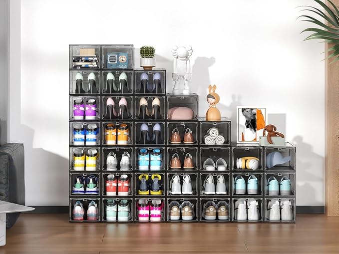 12 Pack Hard Sturdy Thickened Rigid XX Large Shoe Storage Organizer for Closet, Clear Stackable Sneaker Shoe Boxes Rack Containers Display Case Bins with Lids, Grey02