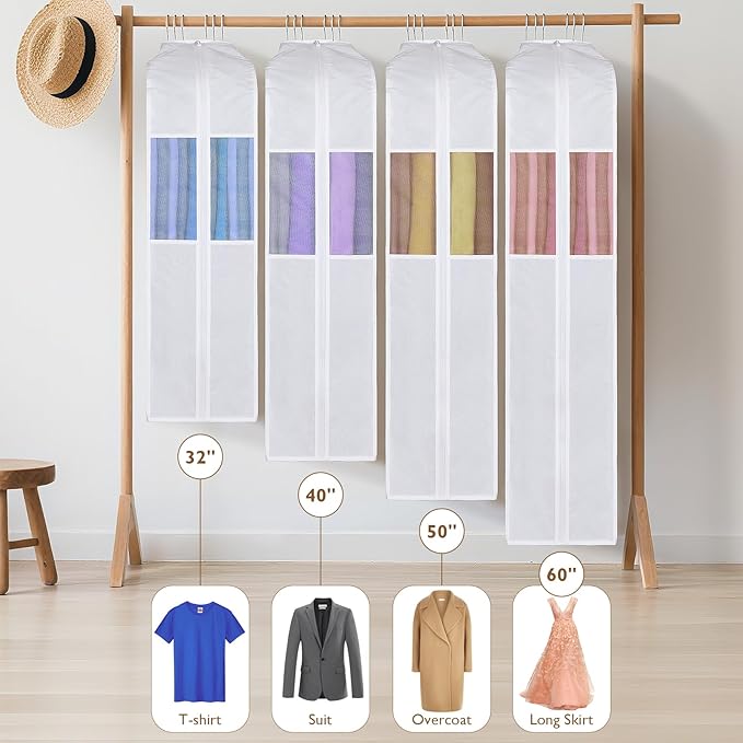 Univivi Premium Cotton Garment Bags for Hanging Clothes, 32 Inch Washable Suit Bags for Closet Storage with Extra Large 10" Gusset & Clear Window - Perfect for Shirts, Short Skirt - 4 Pack