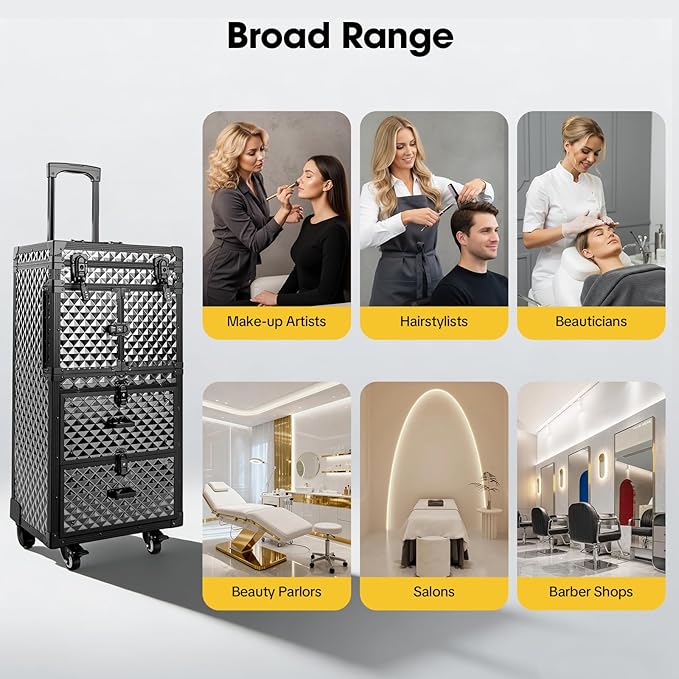 Hairdressing Rolling Case,Makeup Rolling Train Case,Cosmetic Case,Professional Barber Supplies Case,Hairdressing Tools Storage Case,Cosmetology Case with Wheels and Locks,Black