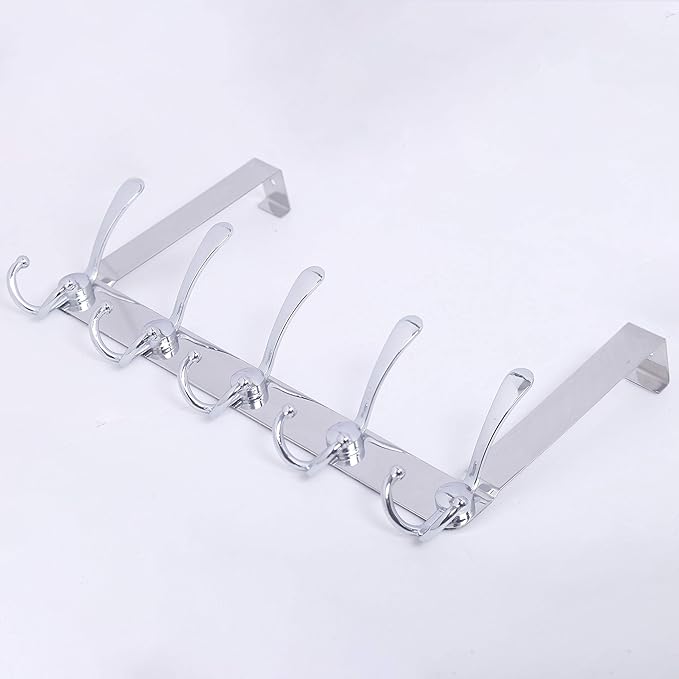 WEBI Over The Door Hook Door Hanger Hook Rack with 5 Tri Hooks for Hanging Coats, Over Door Towel Rack Door Coat Towel Hanger Over Door Coat Rack,Silver,2 Packs