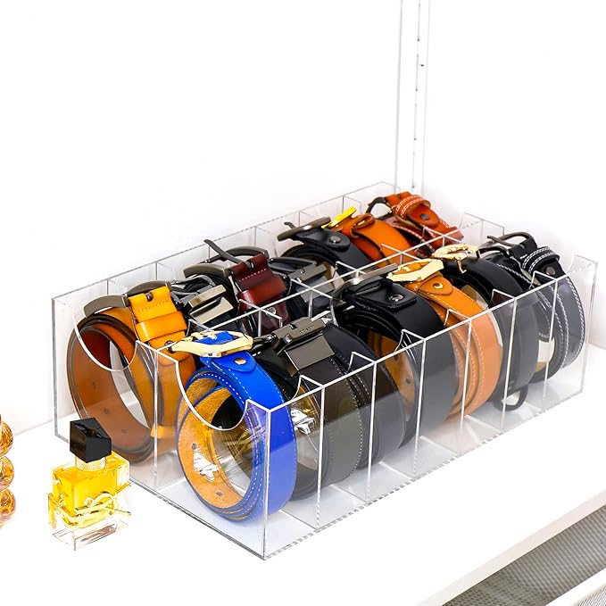 Belt Organizer, Acrylic Belt Storage Holder for Closet and Drawer, 14 Compartments Belt Container for Checkroom, Clear Belt Divider Display Case