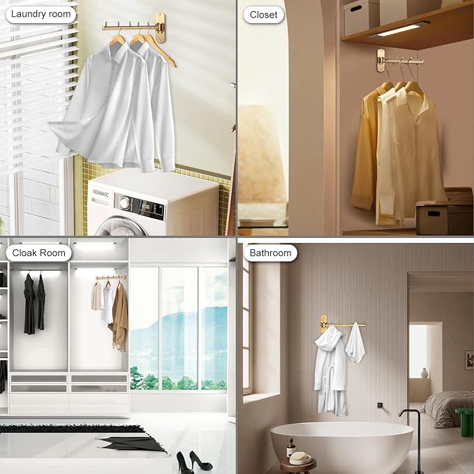 Sumnacon Clothes Rack, 2 Pcs Stainless Steel Clothes Hanger, Wall Mounted Clothes Hanging Organizer, Drying Rack with Swing Arm, Space Saving Hangers for Bathroom Laundry Room Closet, Gold