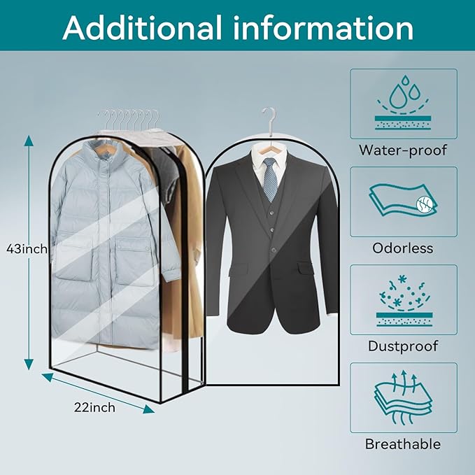 10” Gusseted Clear Garment Bags, 40” Hanging Suit Bags for Closet Storage - Protect Clothes, Suits, Coats, Dresses - 3 Pack (43 inch)